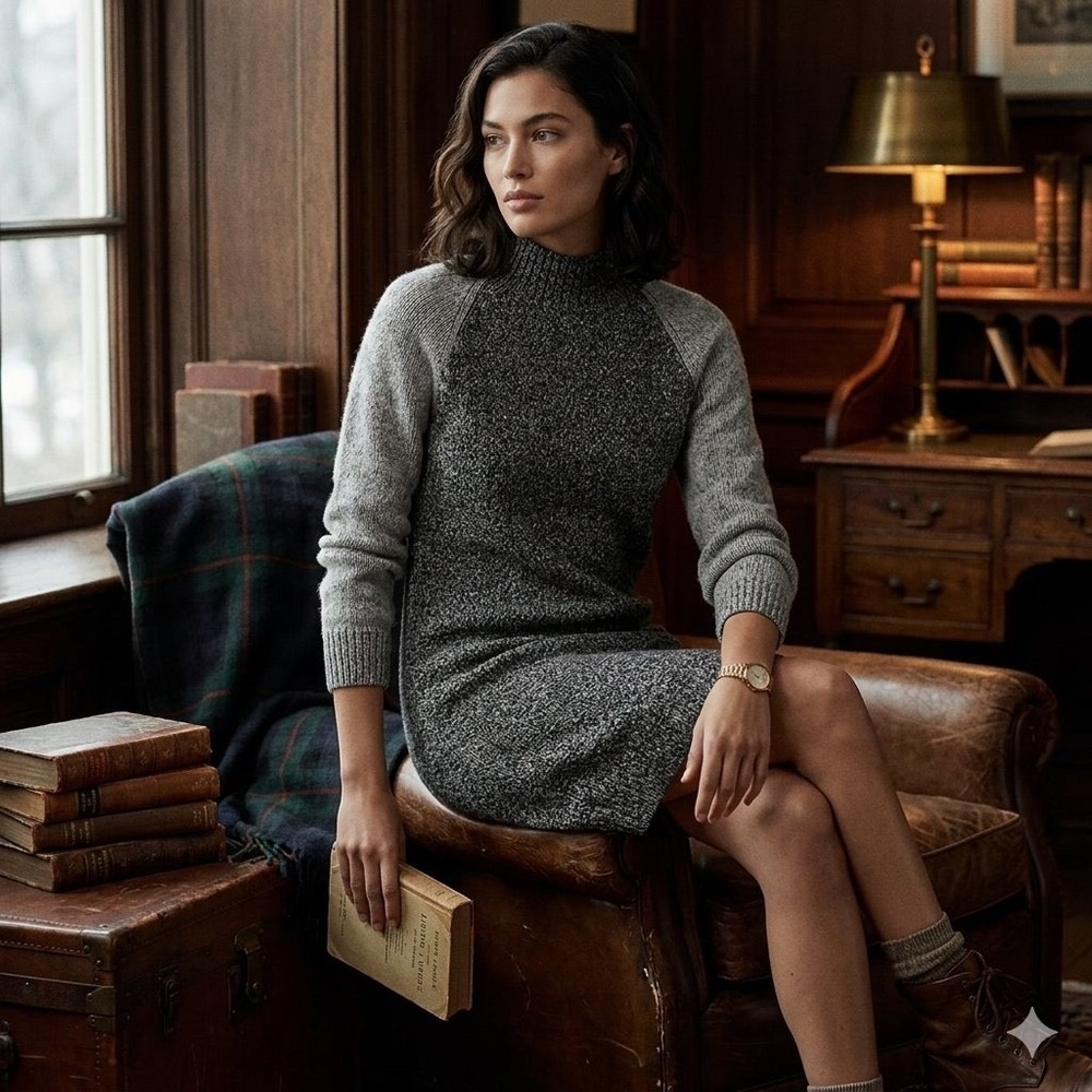 Cambridge Dry Goods Grey Wool Blend Mock Neck Raglan Sweater Dress - Size Large